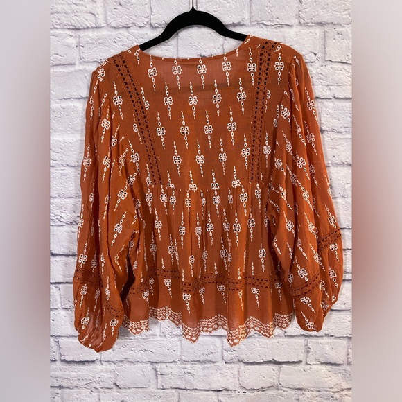 American Eagle Rust Orange Boho Embroidered Peasant Blouse Size M - Picture 8 of 8
